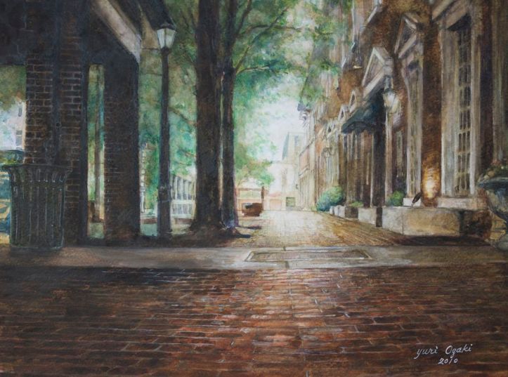 Painting of the view down the sidewalk of North Side Square in Huntsville, Alabama, looking west past the entrance to the Jazz Factory.